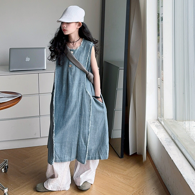 ルーズスタイル子供高級夏のデニムドレス十代の少女のためのハイ - Street Fashion Denim のレビューと価格