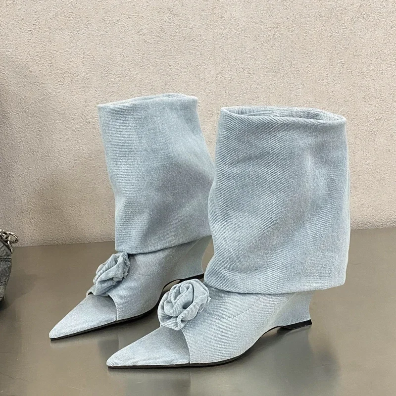 女性のための先のとがったつま先の足首のブーツ、花のデザイン、 - Street Fashion Denim のレビューと価格