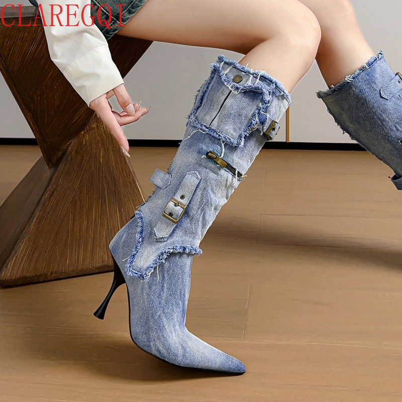 レディース、秋のブーツ。洗い加工を施したデニム素材、ポインテ - Street Fashion Denim のレビューと価格